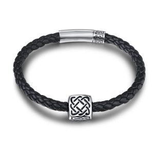 Celtic Knot 925 Sterling Silver Mens Leather Bracelet – Black