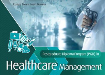 Students studying hospital management in a modern healthcare education classroom